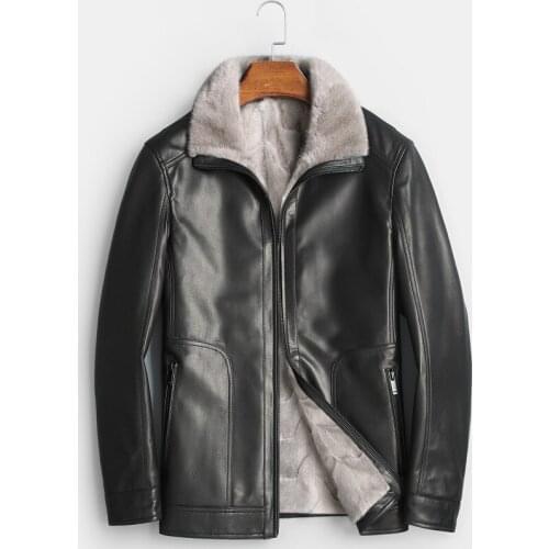 Cow Leather Mens Jacket Mink Liner Shearling Marten Overcoats Fur Smart Casual Thick Coat