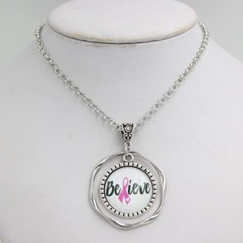 New Arrival Breast Cancer Awareness Necklace Believe Pink Ribbon Breast Cancer Pendant Necklace Cancer Cabochon Jewelry Gifts