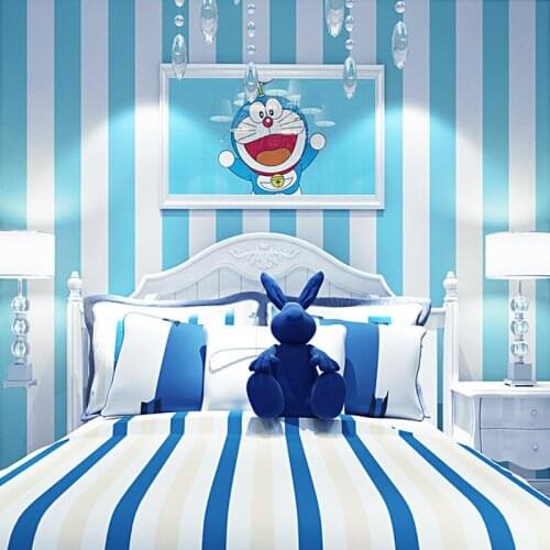 Mediterranean Blue Wallpaper Non-Woven Bedroom Childrens Room Doraemon Dingdang Cat Theme Blue Vertical Stripes Wallpaper