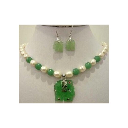 Natural white rice pearl & blue jade elephant pendant necklace earrings Set