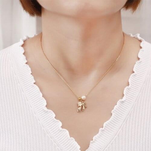 Chinese Style 18K Gold Plated animal necklace glossy goldfish shape pendant inlaid freshwater pearl sweater necklace long