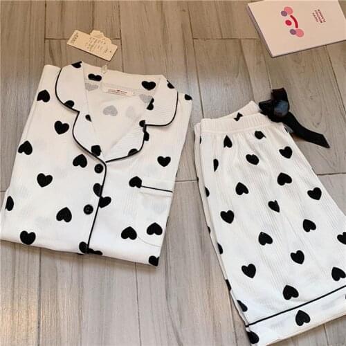 1 Set Female Summer Nightgown Short Sleeved Cotton Pajamas Wave Dot Printing Pajamas Simple Lapel Cardigan Sleepwear Woven