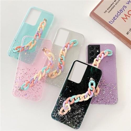 Luxury Bling Glitter Wristband Silicone Phone Case For Samsung Galaxy S21 S20 FE S10 Note 20 10 9 Plus Ultra-thin Lanyard Cover