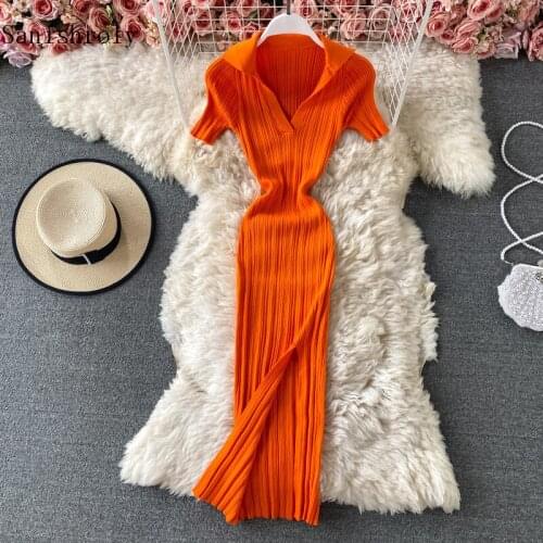 Short Sleeve Slim Knitted Dress 2021 Summer Autumn Women Sexy V Neck Split Sweater Dress Lady Solid Long Sheath Bodycon Dresses