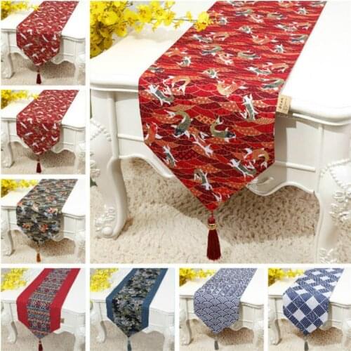 Cotton Linen Table Runner Japanese Vintage Wave Fish Printed Tablecloth Home Party Wedding Decor