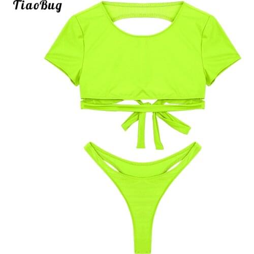TiaoBug 2Pcs Women Sexy Bikini Set Round Neck Short Sleeve Open Back Straps Tie Back Crop Top Thong Briefs Beach Swimwear