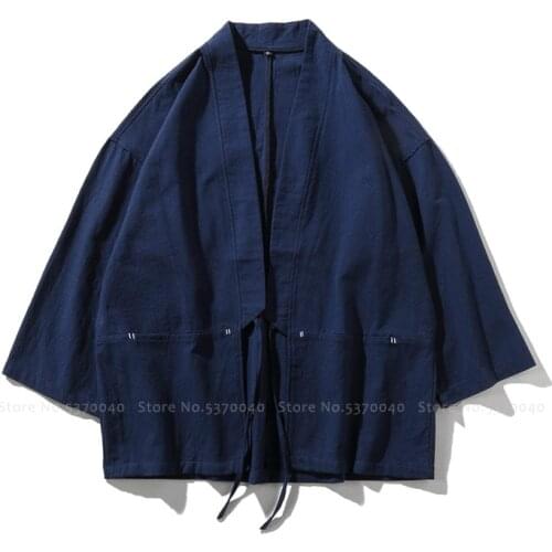 Traditional Japanese Style Bath Robe Gown Fashion Men Samurai Cardigan Kimono Haori Japan Warrior Yukata Obi Asian Coat Clothing