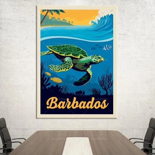 Barbade Sea Turtle vintage poster prints, Barbade Artiste, Caribbean home wall art, office wall decoration, state map poster