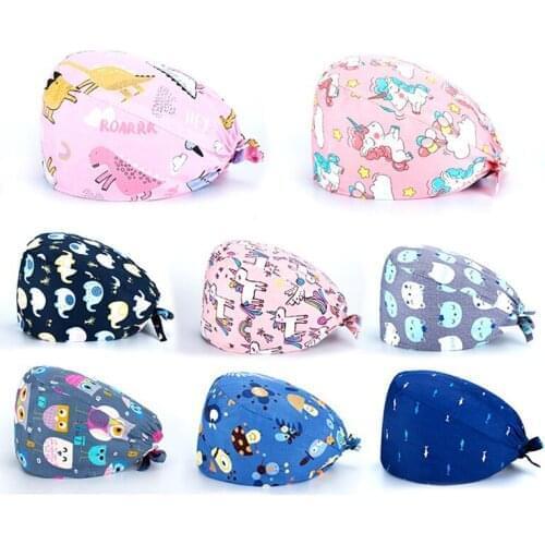 Clearance Pattern Scrub Cap Tie Back Working Hat 100% Cotton Washable Sweatband Beautician Dust Proof Scrub Caps