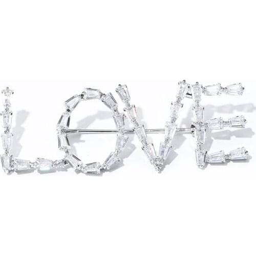 Simple Letter Love Shape Brooches for Women White Full Cubic Zirconia Brooch Pin Wedding Bridesmaid Pin Dress Jewelry Broach
