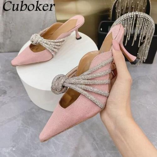 2021 Brand Runway Woman High Heels Slippers Pink Pointed Toe Crystal Ladies Mules Bling Rhinestone Slides Summer Sandals Woman