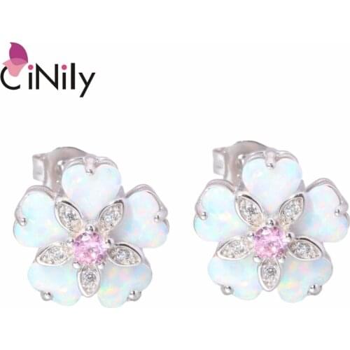 CiNily Created White Fire Opal Pink Zircon Cubic Zirconia .925 Sterling Silver Wholesale for Women Jewelry Stud Earrings SE012