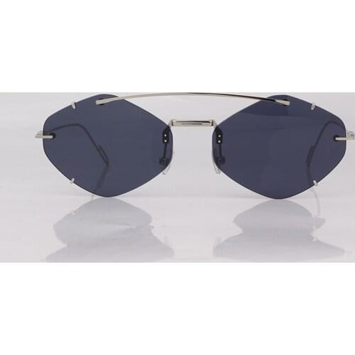 Rimless Hexagon frame women sunglasses grey lenses double bar small size