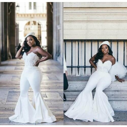Plus Size Mermaid Wedding Dresses Jumpsuits Sweetheart Neck Lace Appliques Bridal Gowns Beach Floor Length Backless Wedding