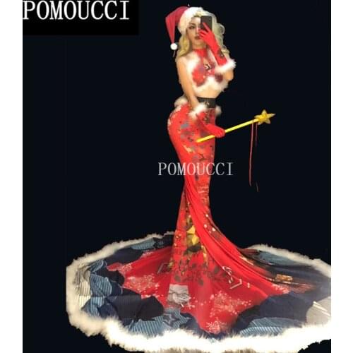 Women New Christmas Style(Without Cane) Sexy Red Long Dress White Fluff Nightclub Party Stage Wear Dancer Singer Bling Costumes