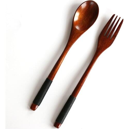2PCS Natural Wooden Spoon & Fork Dinner Kit Rice Soups Utensil Cereal Handmade Home Tableware Dinnerware Cutlery For Kicthen