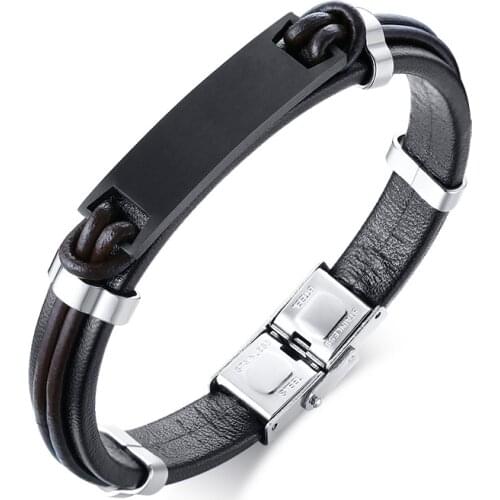 2021 Fashion Stainless Steel Leather Material European And American Style Suitable For Mens Black Domineering Bracelet
