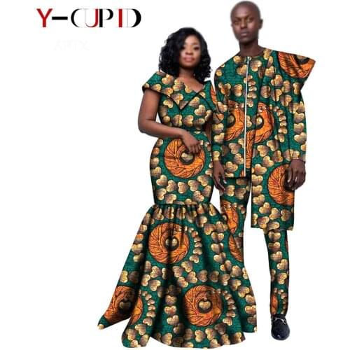 African Clothes for Couples Women Ankara Long Mermaid Dresses Lover Clothes Bazin Riche Men Unquie Shirt and Pants Sets YS20C005