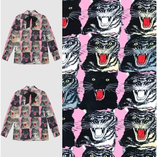 100X145cm Multicolor Tiger Heads Leopards Pink Crepe Satin Fabric for Woman Summer Shirt Sleepwear Dress Sewing DIY