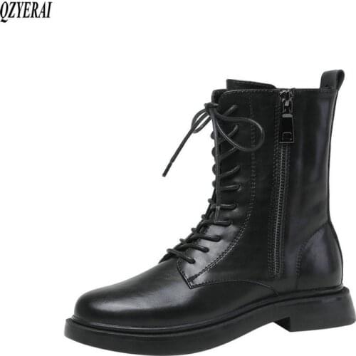 QZYERAI Autumn and winter Genuine leather black Female boots Riding boots Womens boots cowhide Womens shoes Size 35-39