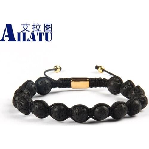Ailatu Brand Wholesale 8mm Lava Stone Yoga Macrame Bracelet with Stainless Steel Back Plate Not Fade 10pcs/lot