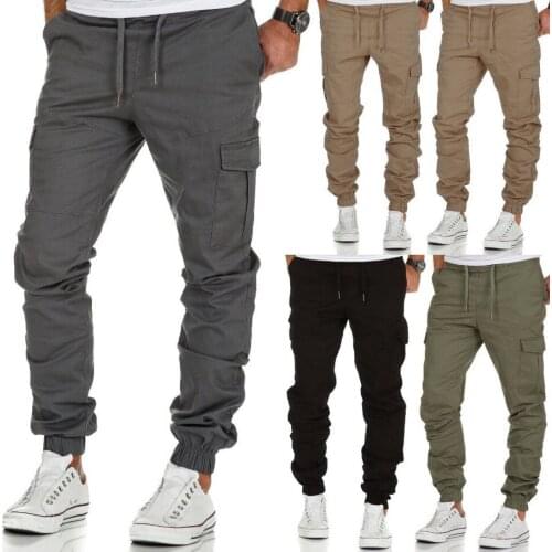 Mens Cargo Pants Solid Color Tactical Trousers Male Casual Drawstring Straight Street Style Baggy Pants