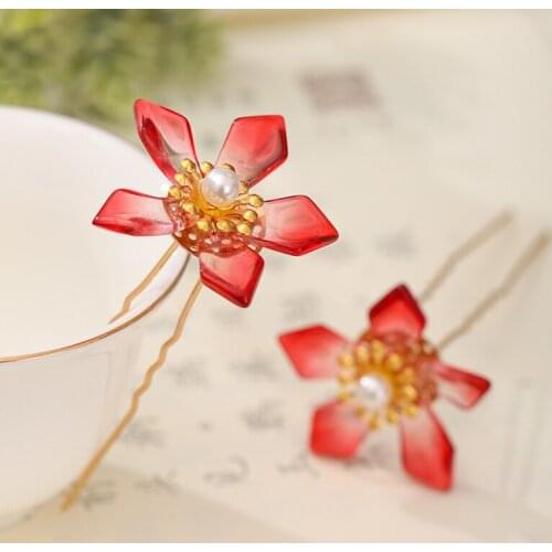 GETNOIVAS 2pcs Vintage Women Hair Sticks Red Floral Trendy U Shape Hairpins Wedding Tiara Headband Elegant Hair Accessories SL