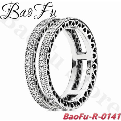 BaoFu Genuine 925 Sterling Silver Ring Shiny Personality Double Ring Love Blessing Suitable for Original Women Jewelry