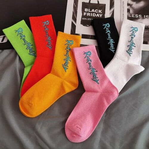 Colorful Letter Printed Crew Street Fashion Adult Socks Genius Scientist Crazy College Happy Teenager Brain Wave Anime Cartoon