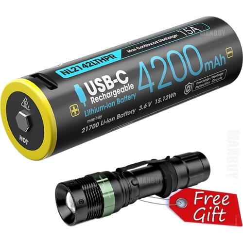 Wholesale NITECORE NL2142LTHPR Low Temperature 21700 4200mAh with USB-C Port Li-ion Rechargeable Battery + Free Gift Flashlight