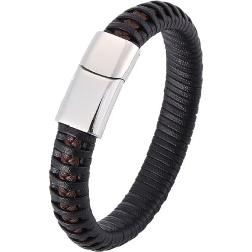Trendy Men Bracelets Black Brown Mixed Braided Leather Bracelet Stainless Steel Bracelet male fashion Bangles Gift BB0403