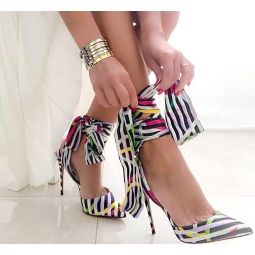 Moraima Snc Pointed Toe high heels printed Ankle strap Silk Women Heels Wedding Party Shoes Sexy 12/10CM Thin Heels Dress Shoes