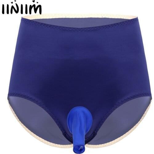 Men Male High Waist Elastic Waistband Briefs Bulge Pouch Underwear Open Penis Sissy Panties Solid Color Smooth Satin Underpants