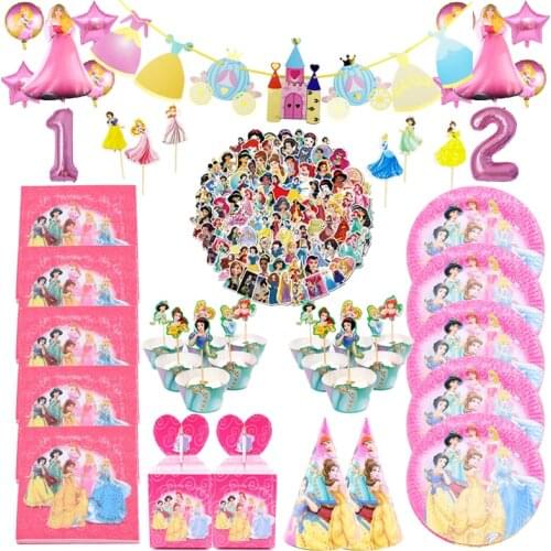 Disney Six Princess Theme Kids Girls Birthday Party Decoration Set Cups Plates Tablecloth Balloon Baby Shower Supplies