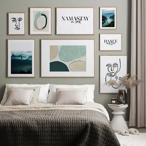 Abstract Line Art Poster River Mountain Landscape Wall Art Canvas Print Painting Green Modern Picture for Living Room Decor