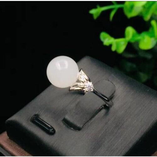 Real Natural White Jade Ring Genuine Round 925 Silver For Woman Big Gemstone Fine Jewelry