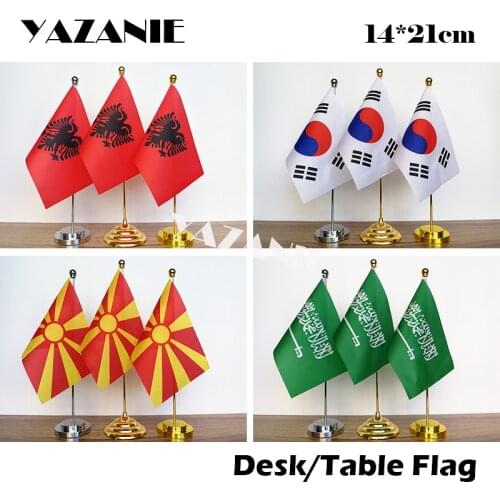 YAZANIE 14*21cm Albania South Korea Small Desk Flags and Banners Macedonia Saudi Arabia Standing Steel Table Flag with Pole Base