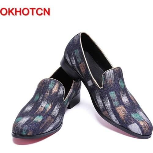 OKHOTCN Fashion printed man leisure shoes genuine leather man daily spring autumn casual shoes pointed toe personality graffiti
