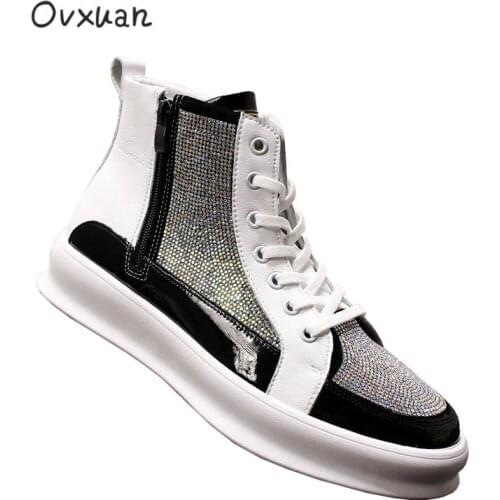 OVXUAN Leather Hip Hop Boots men Rhinestones Patchwork High Top Mens Casual Designer Shoes Male White Sneakers Short Ankle Boots