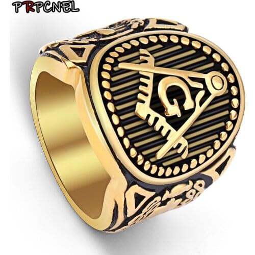 7 - 15 size Gold color Mason Signet Ring Gold Color Freemason Masonic Rings for men Stainless Steel Freemasons Jewelry