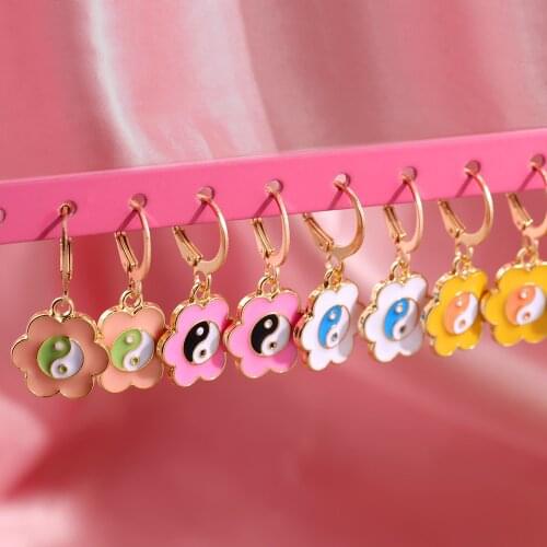 Geometric Enamel Flower Shape Bagua Drop Earring For Women Colorful Drip Glaze Yinyang Hoop Dangle Earrings Cute Trendy Jewelry