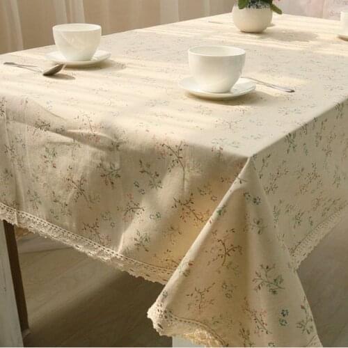 Korean Style Linen Table Cloth with Lace Edge Flower Print Country Style nappe Tablecloth Rectangular Table Cover New ZB-21