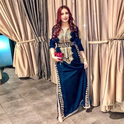 Velour Mermaid Dubai Moroccan Kaftan Evening Dress Long Sleeve Applique Muslim Dubai Arabic Prom Dresses Special Occasion Gown