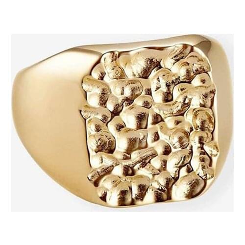 Vintage hammered signet ring for women men stainless steel gold Meteor crater statement ring fashion