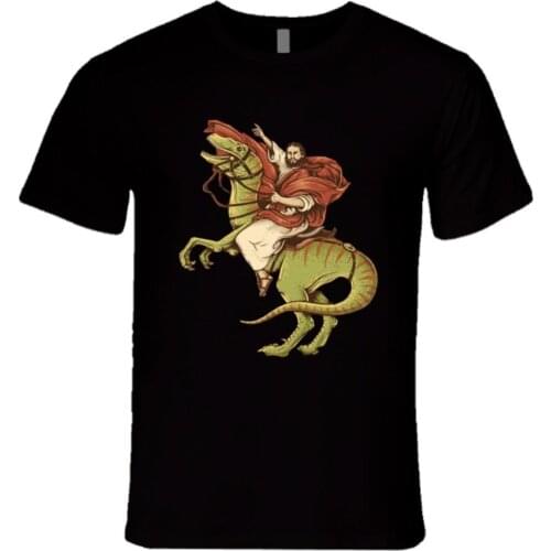 Funny Jesus Riding A Velociraptor. Inspiration From The Portrait of Napoleon T-Shirt Cotton O-Neck Short Sleeve Mens T Shirt New