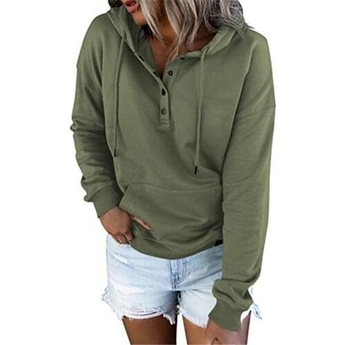 Women Autumn Hoodie Button Design Pocket Solid Color Beam Cuffs Ladies Cotton Blend Hooded Sweatshirt 2021