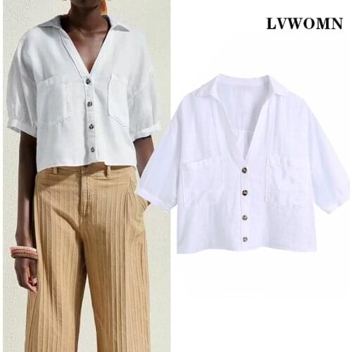 LVWOMN Za Women Blouses Fashion 2021 Summer Linen Short Sleeves Shirt Women Clothing V neck Chic Top Casual Pocket Female Shirts