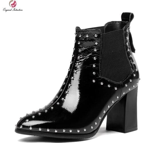 Original Intention Fashion Women Ankle Boots Leather Rivets Pointed Toe Square Heels Boots Black Shoes Woman Plus US Size 3-13