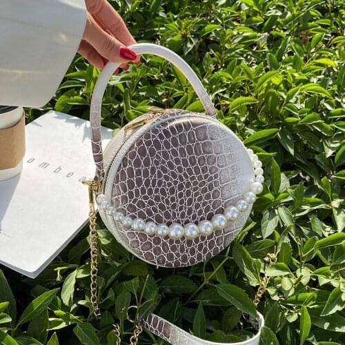 New Summer Alligator Pattern Circular Bags For Women 2021 PU Leather Beading Female Crossbody Bag Sac Shoulder Designer Bag