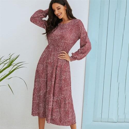 Womens autumn long sleeved dresses o-neck polka dot loose casual basic inner dresses for ladies puff sleeved dresses